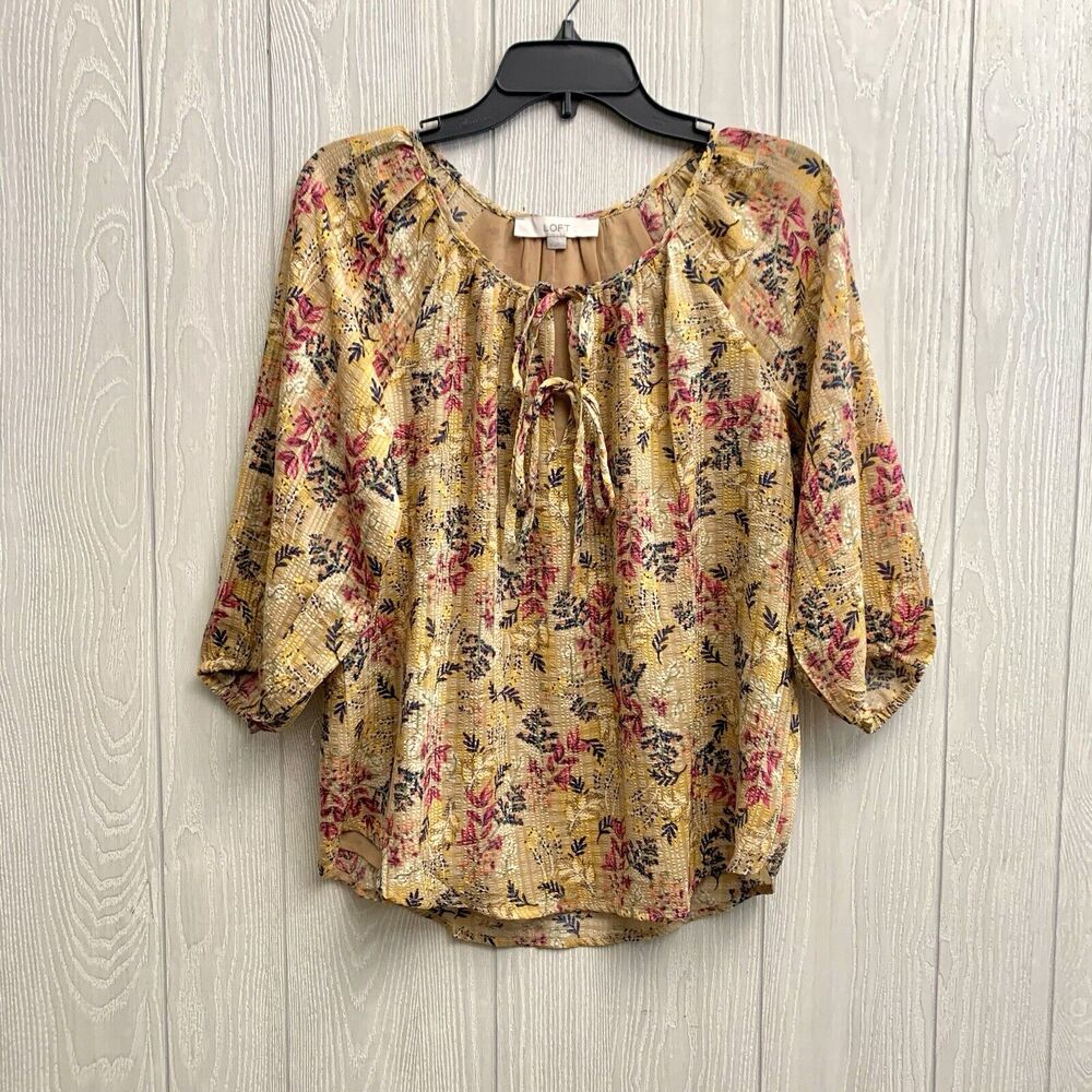 LOFT Tan Floral Tie Neck 3/4 Sleeve Blouse Top Size XS